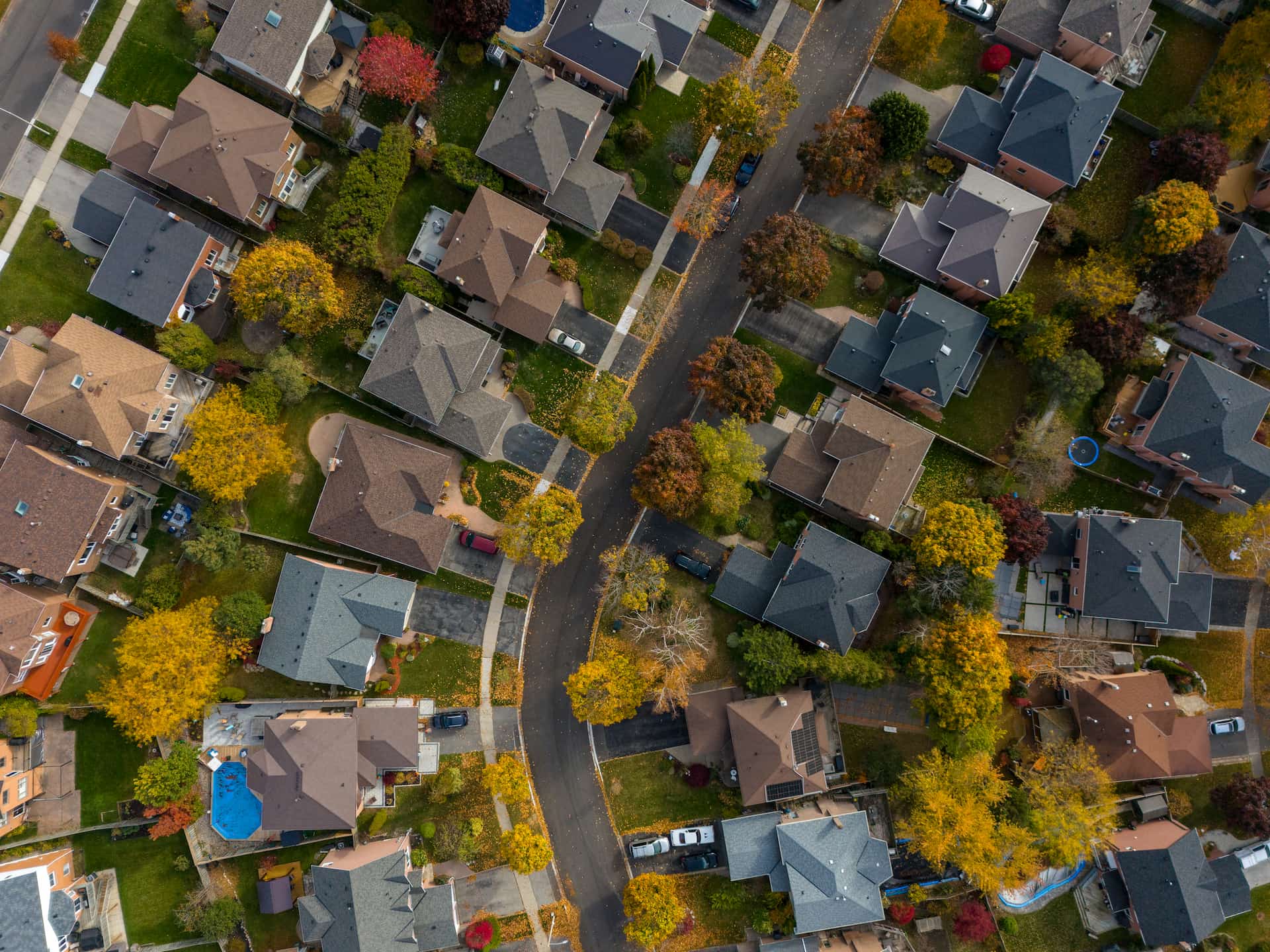 Aerial view of a suburban neighbourhood with houses, trees, lawns, and a winding road in autumn.