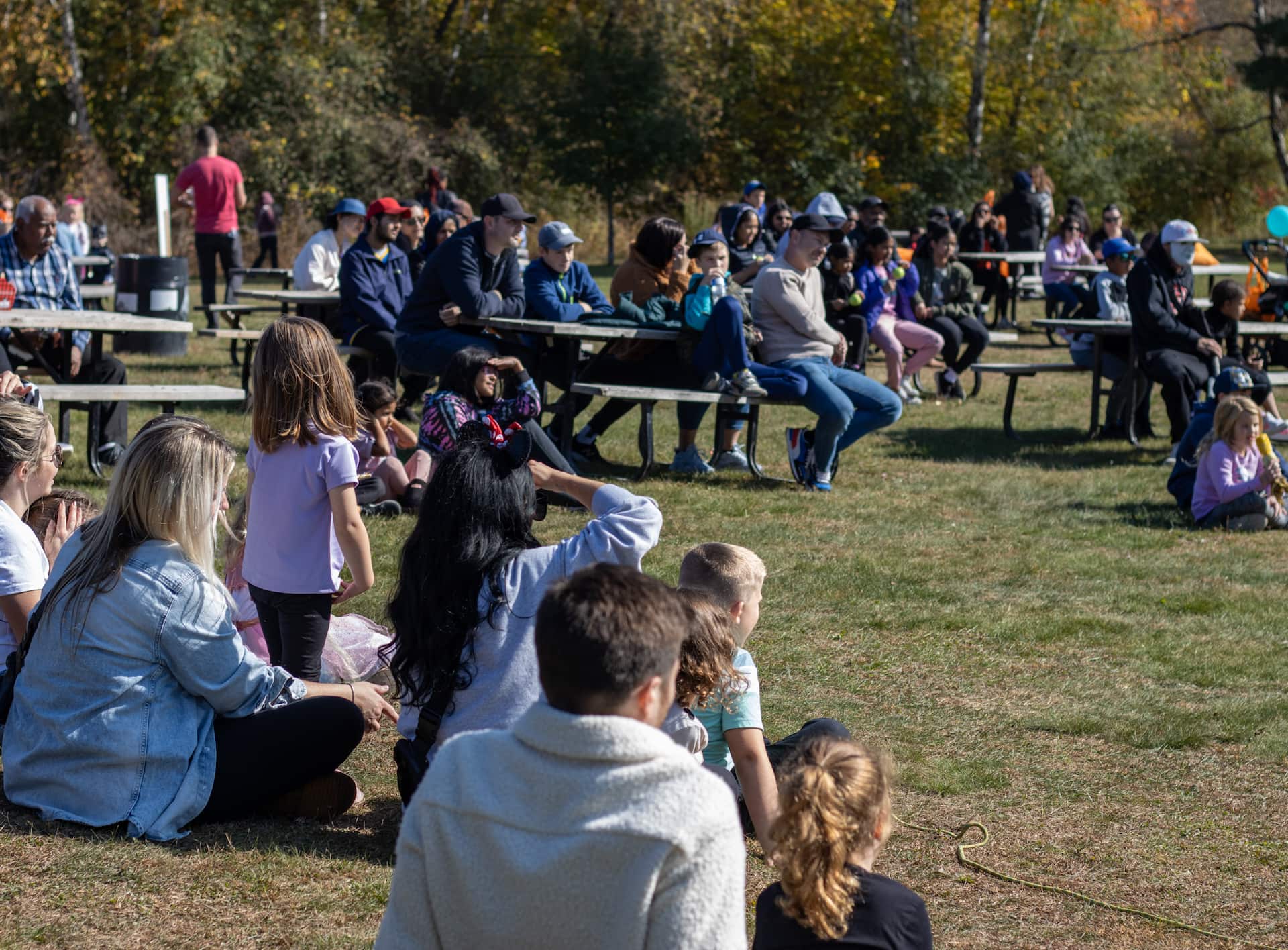 People of various ages sit on benches and grass outdoors, watching an event on a sunny day with trees in the background.