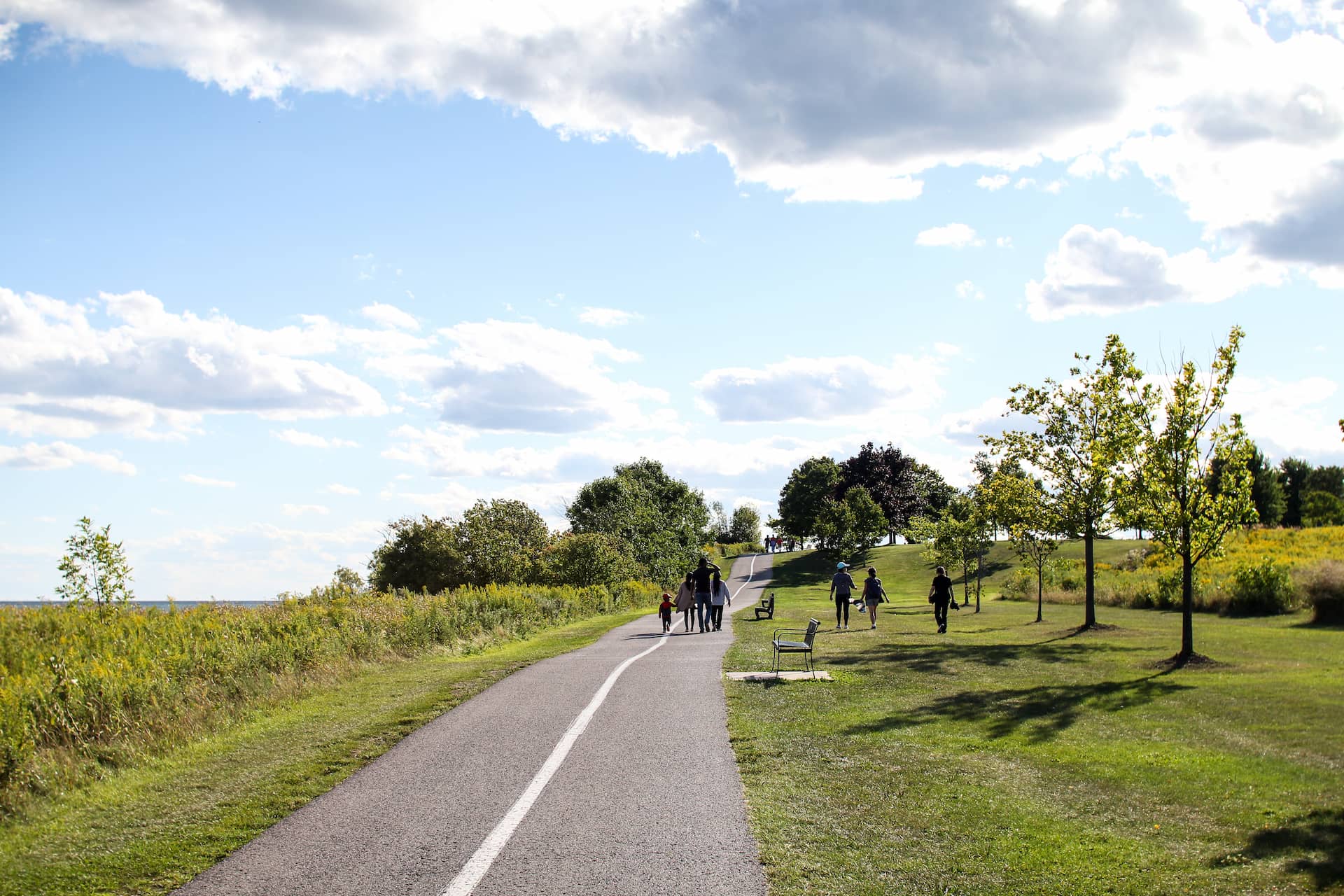 People walk and cycle along a paved path in a park on a sunny day with scattered clouds.