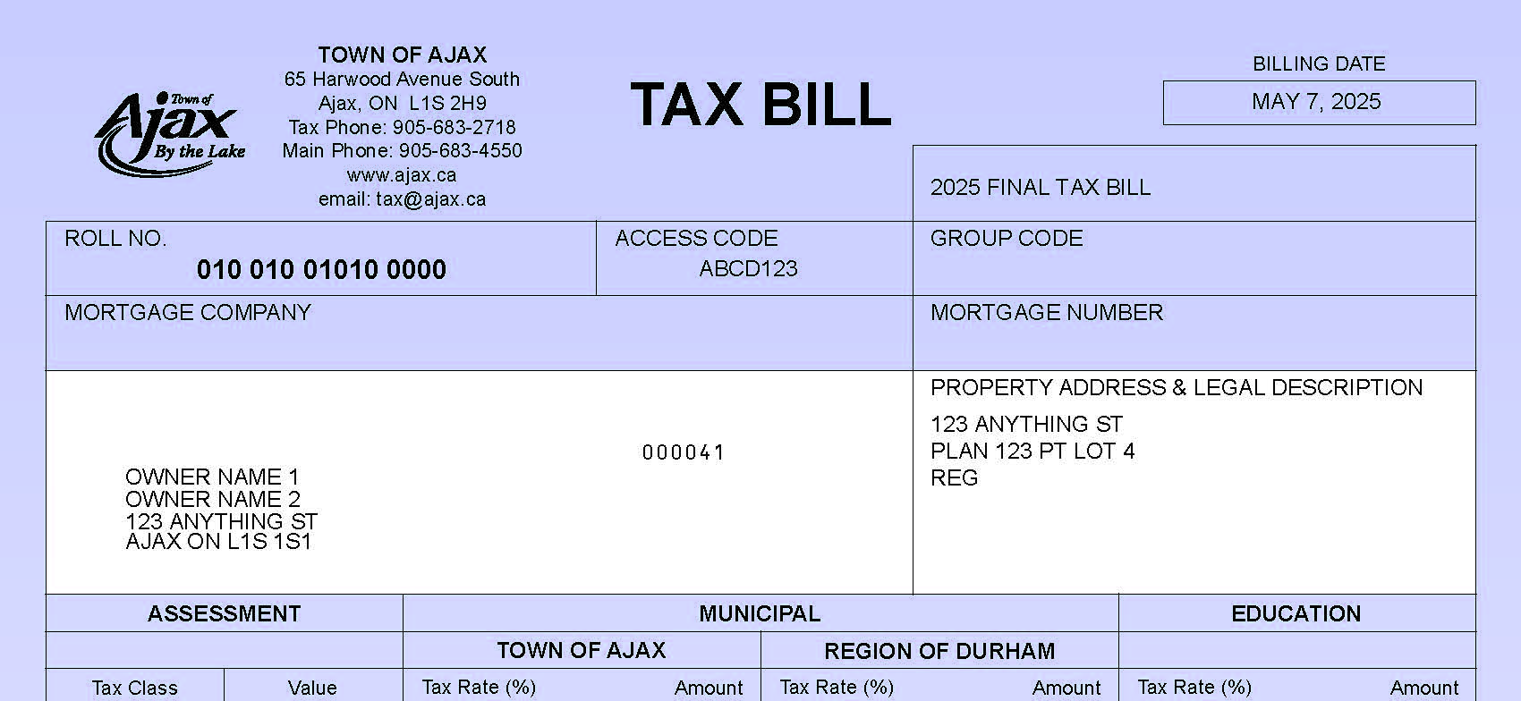 A 2025 council tax bill from the Town of Ajax showing owner, address, roll number, and billing date.