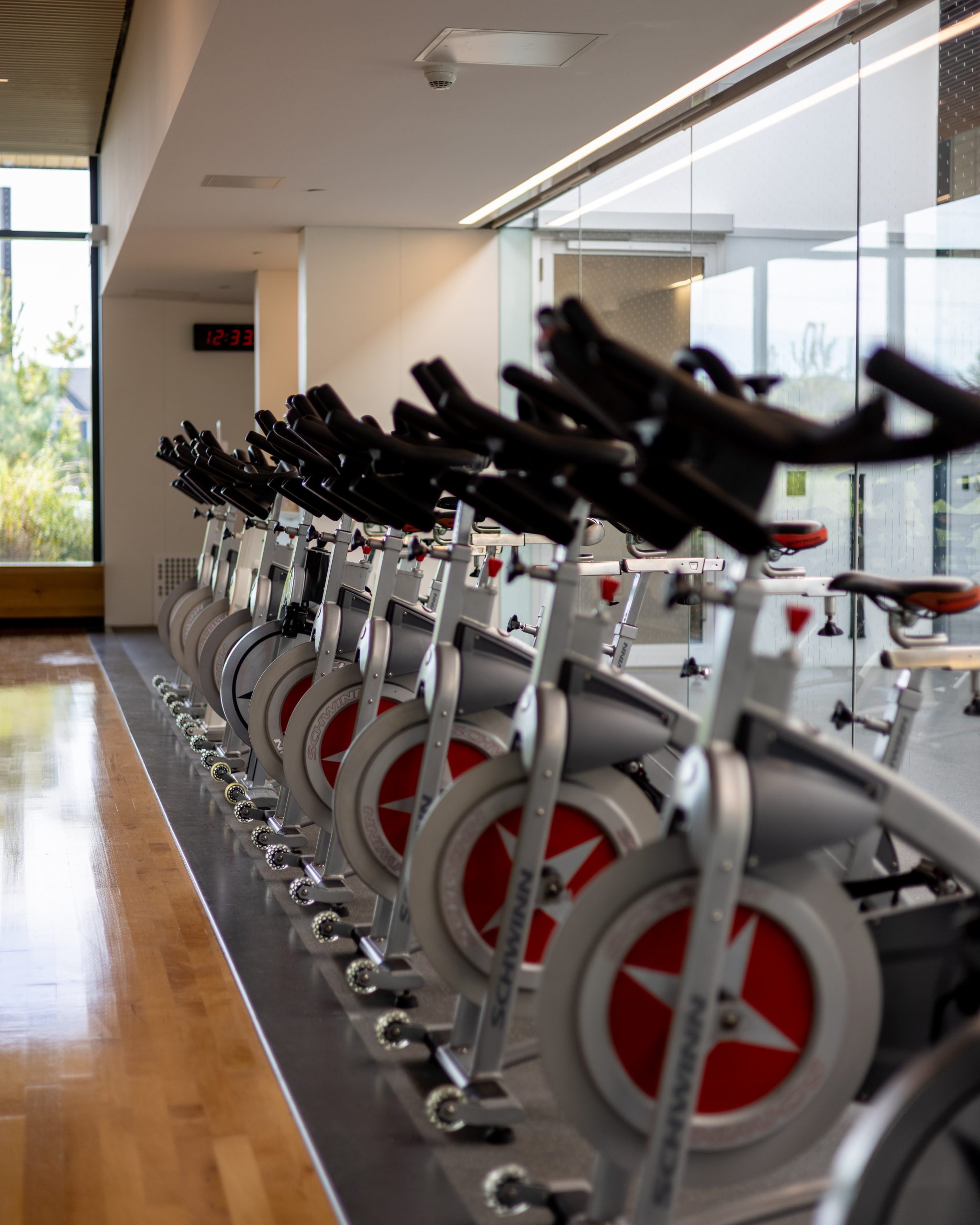 Row of stationary exercise bikes lined up in a gym with wooden floors and large windows in the background.
