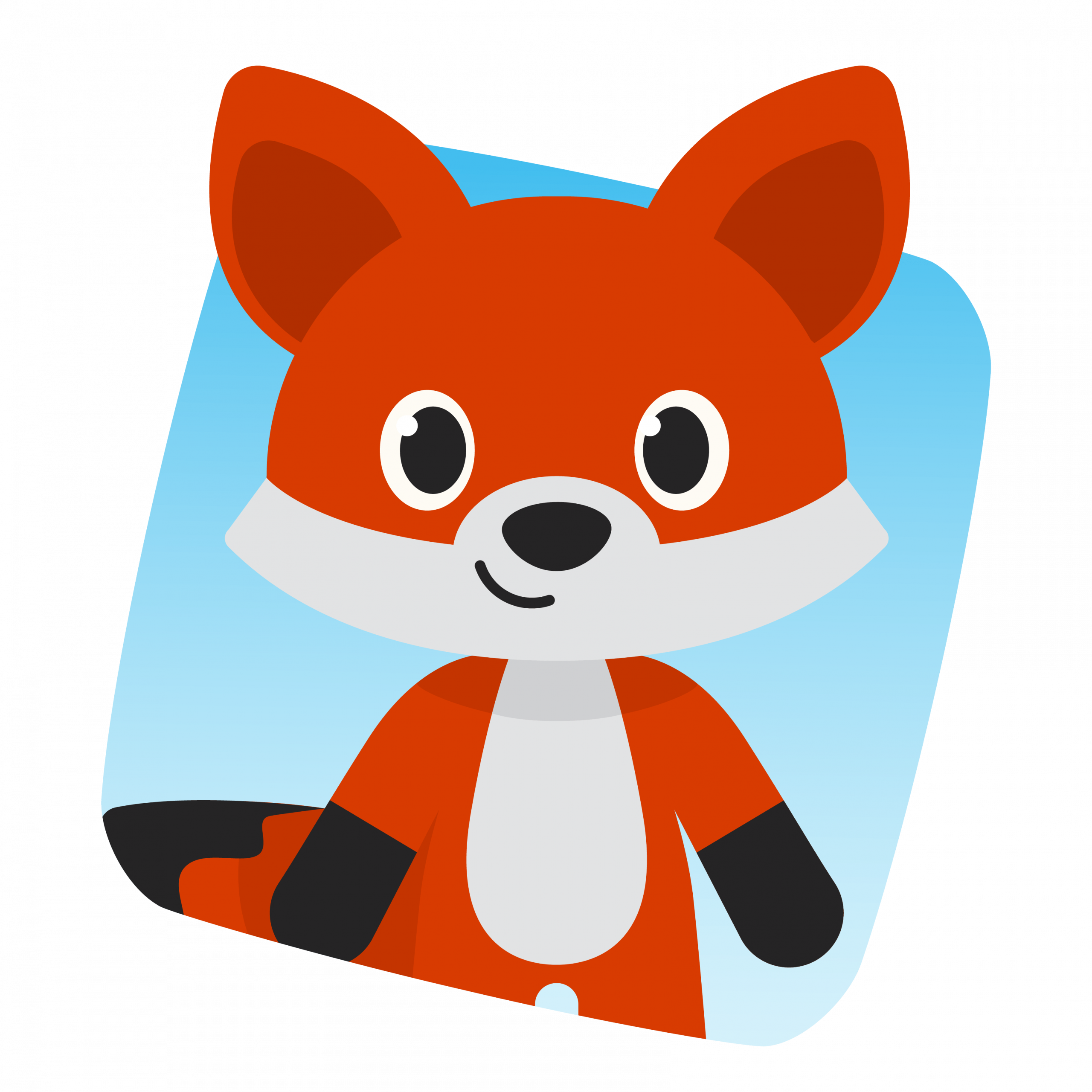 Illustration of a smiling cartoon fox with large eyes, orange fur, and a white belly, on a blue background.