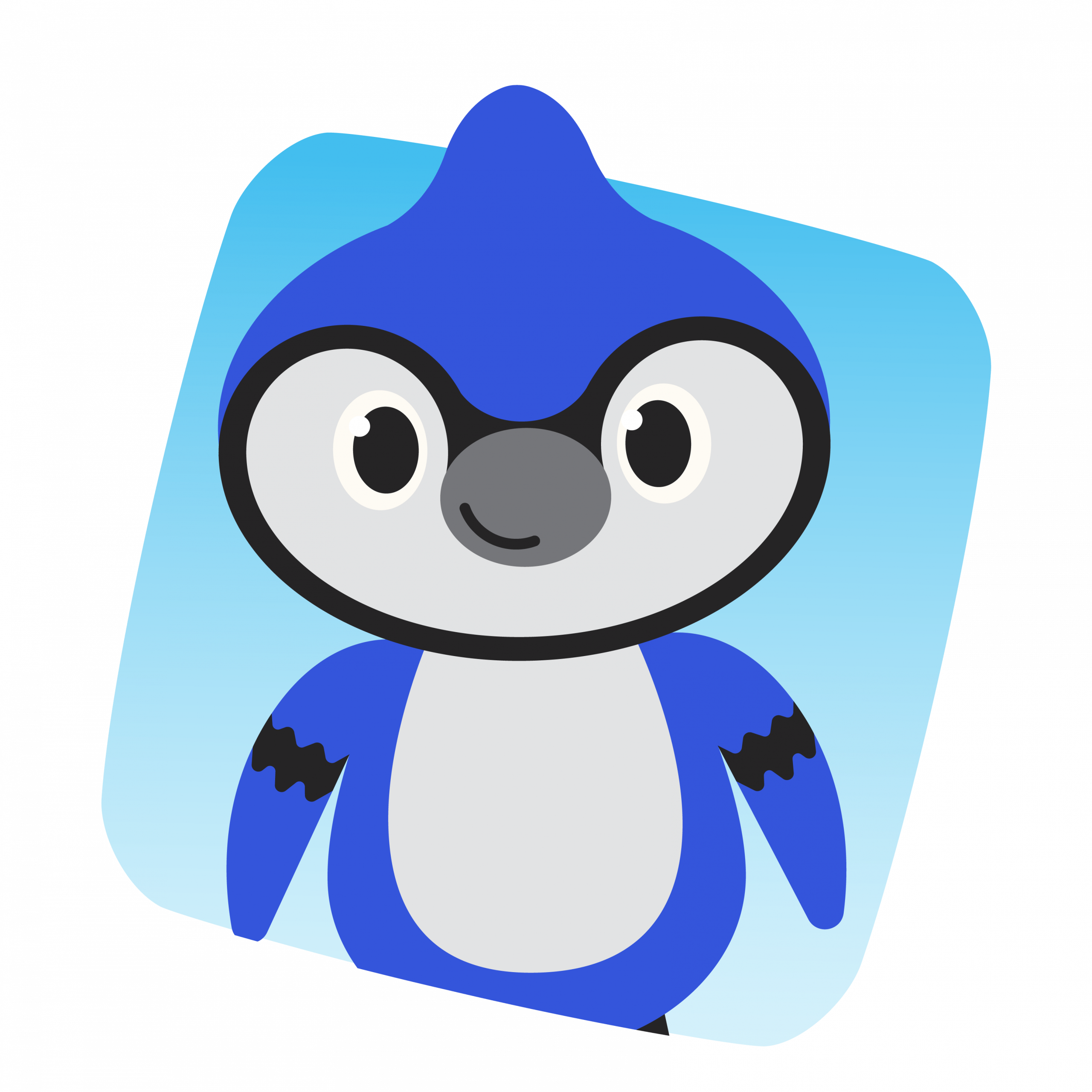 Cartoon illustration of a blue and white bird with large eyes, a grey beak, and a rounded body on a blue background.