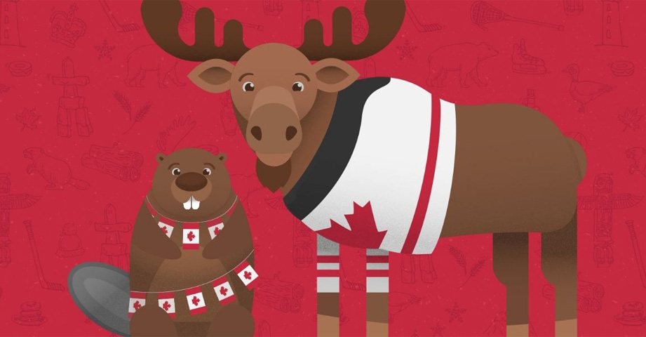 Illustration of a beaver and a moose wearing clothing with the Canadian flag on a red background.