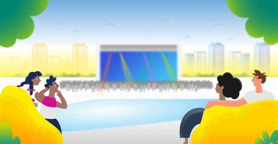 Illustration of four people on yellow seats in a park, with a stage and city buildings in the background.