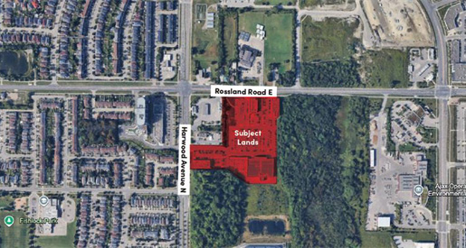 Aerial map view showing "Subject Land" highlighted in red at the junction of Rosland Road East and Harwood Avenue North.