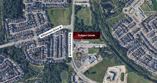 Aerial map showing a highlighted area labelled "Subject Lands" near Harwood Avenue N and Williamson Drive W.