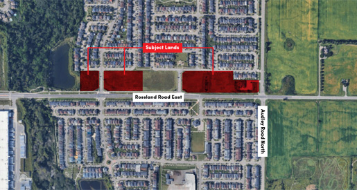 Aerial map highlighting subject land in red along Roseland Road East and Audley Road North in a residential area.