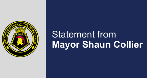 Town of Ajax seal next to text stating, "Statement from Mayor Shaun Collier" on a blue background.