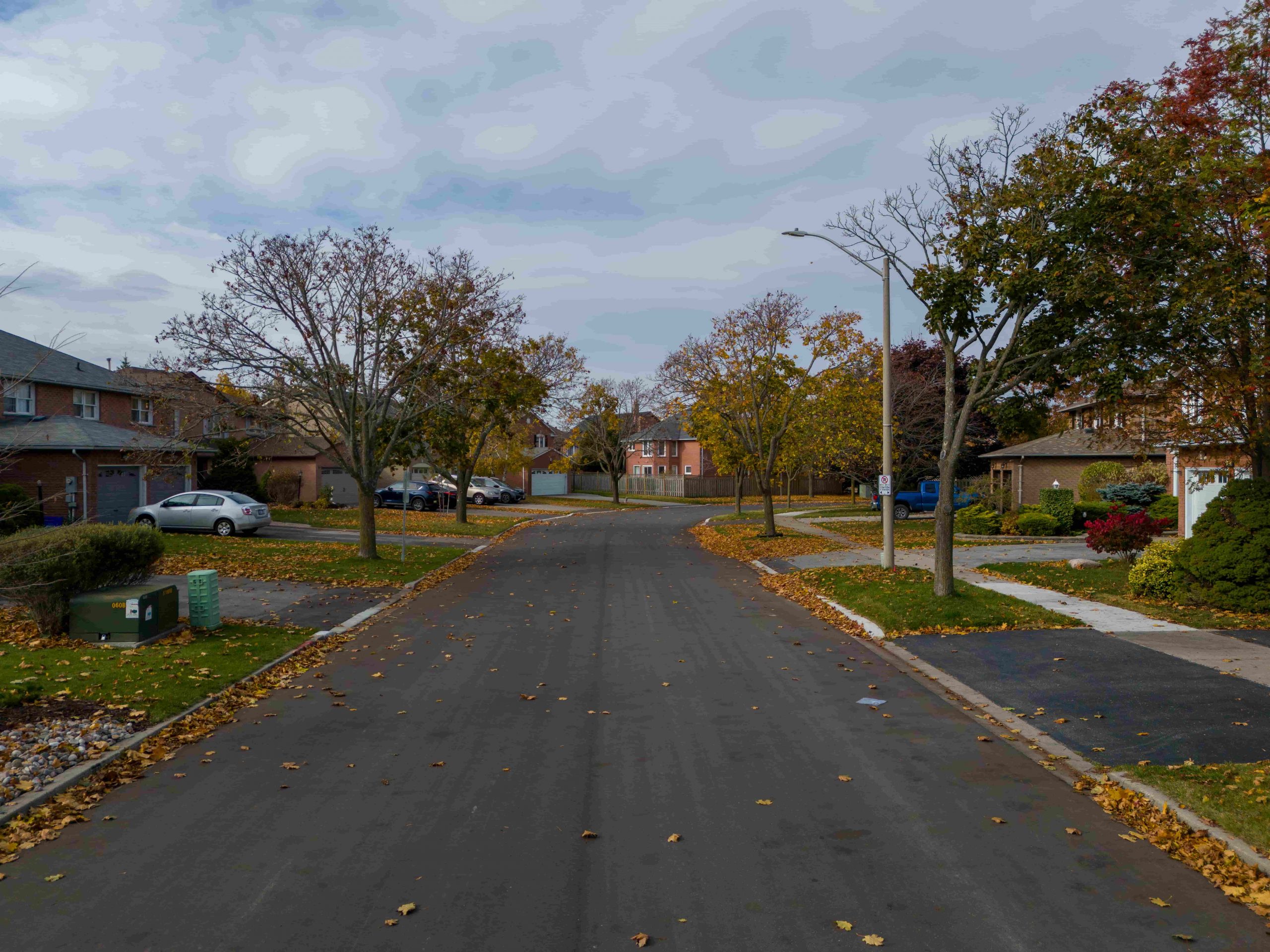 A quiet suburban street with autumn trees, houses on both sides, and scattered leaves on the road.